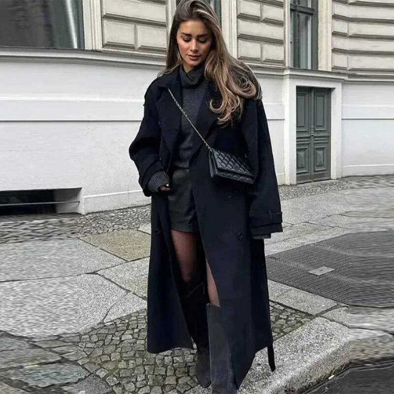 Elegant Grey Belt Long Faux Wo - Wool Coat Peacoat incelemesi ve fiyatı