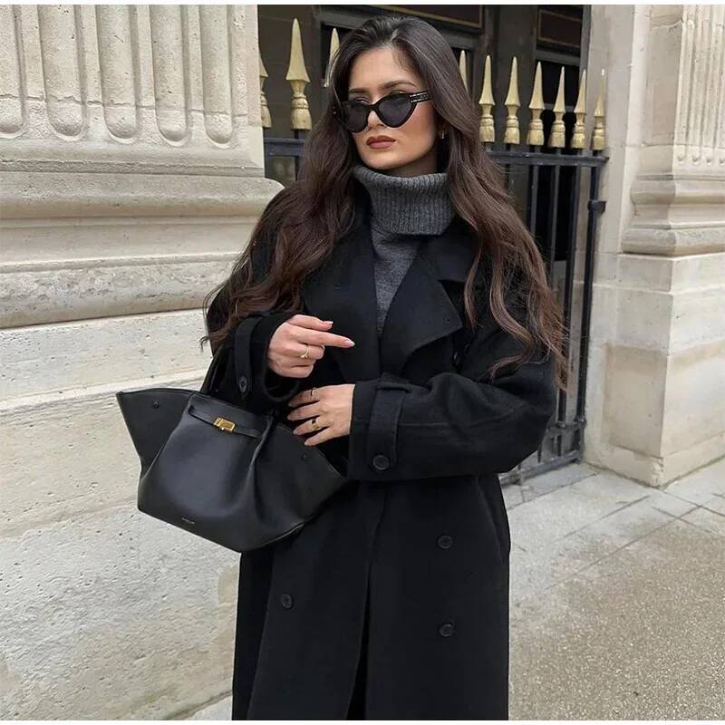 Elegant Grey Belt Long Faux Wo - Wool Coat Peacoat incelemesi ve fiyatı